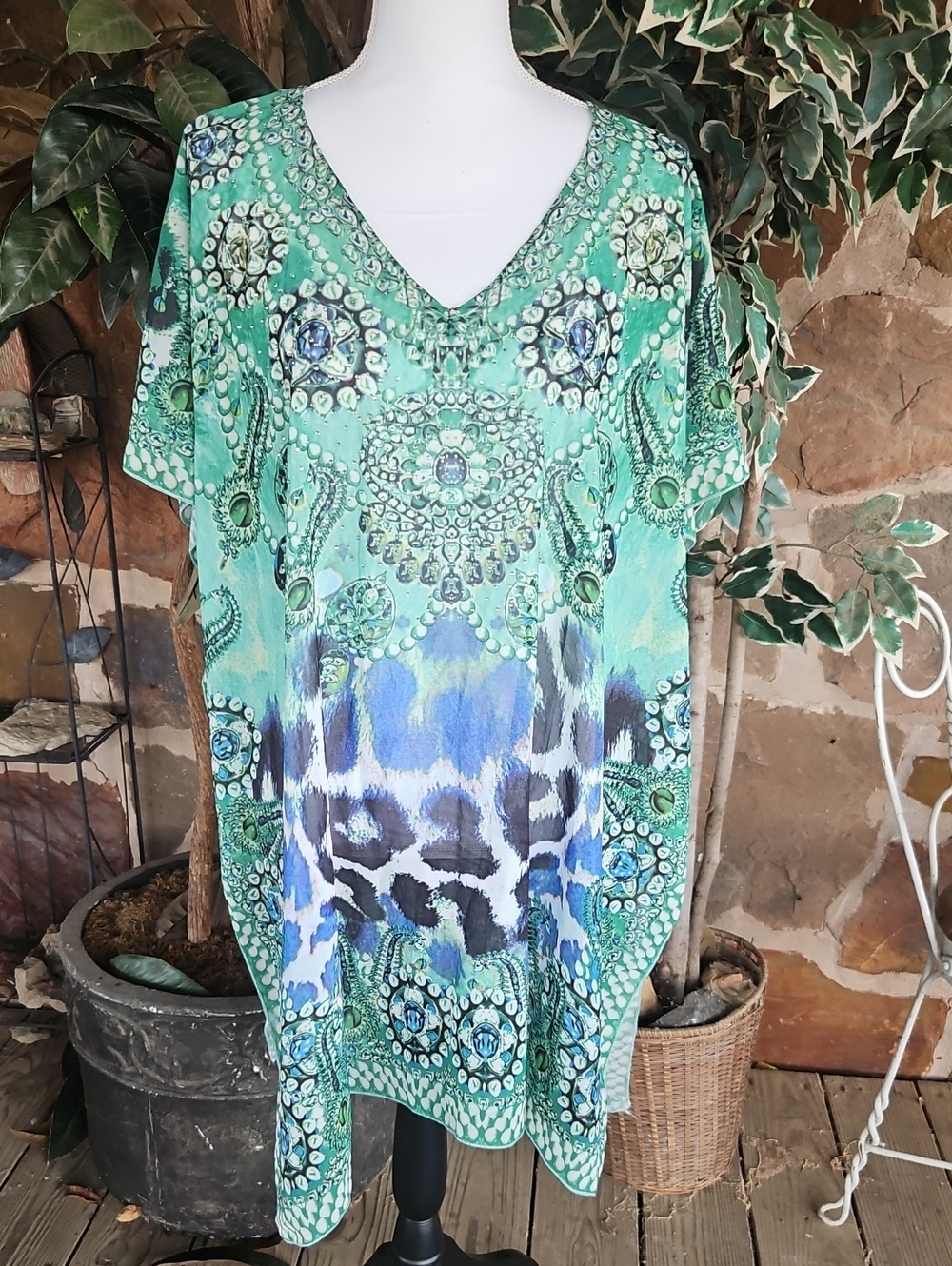 Green & Blue Printed V‑Neck Swim Coverup Tunic